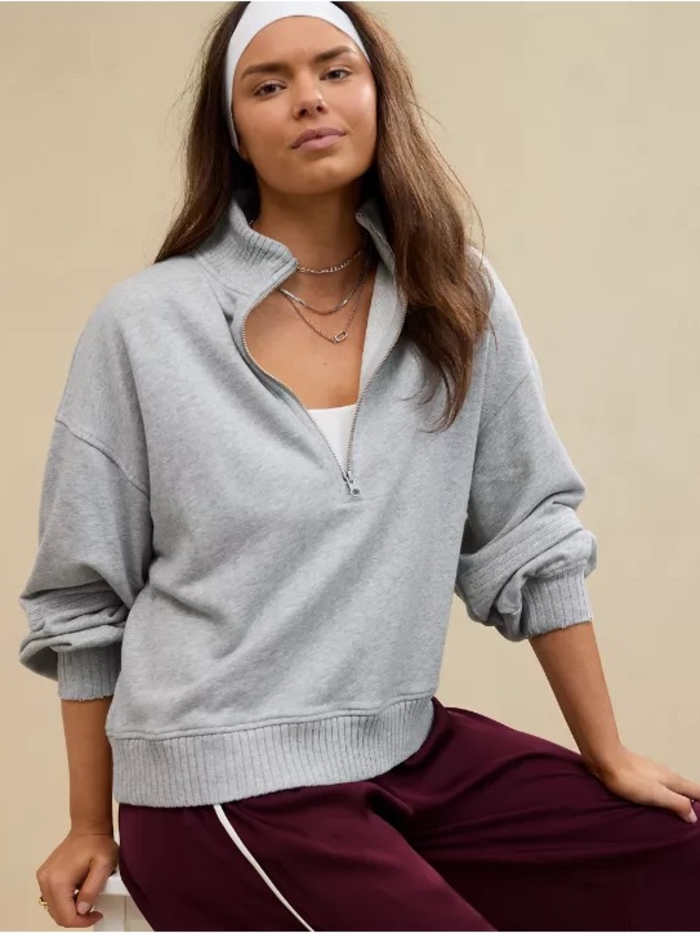 AERIE SUNS OUT OVERSIZED HALF ZIP Grey Sweatshirt (L)